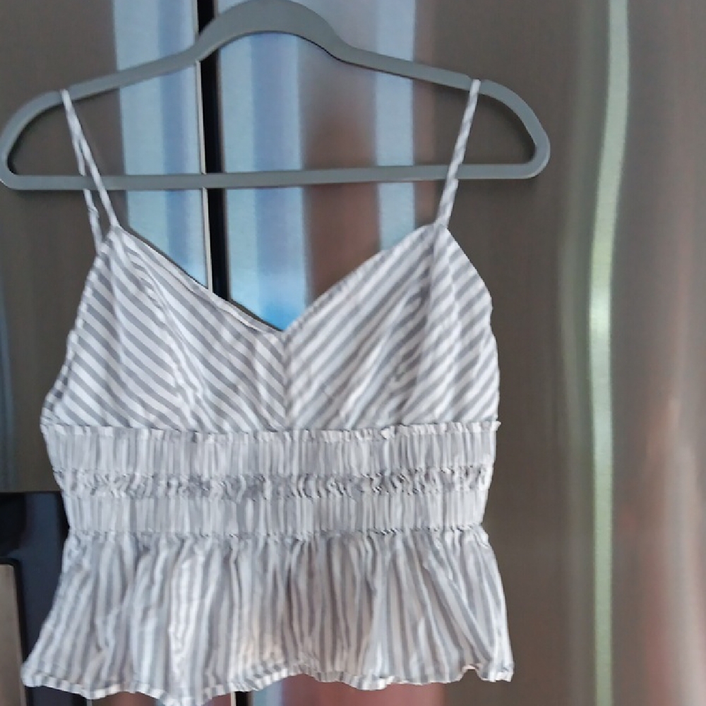 Express White and Light Gray Striped Smocked Peplum Camisole